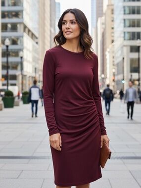 Vince Black Rose Long Sleeve Side Ruched Dress Quiet Luxury Minimalist Size XL